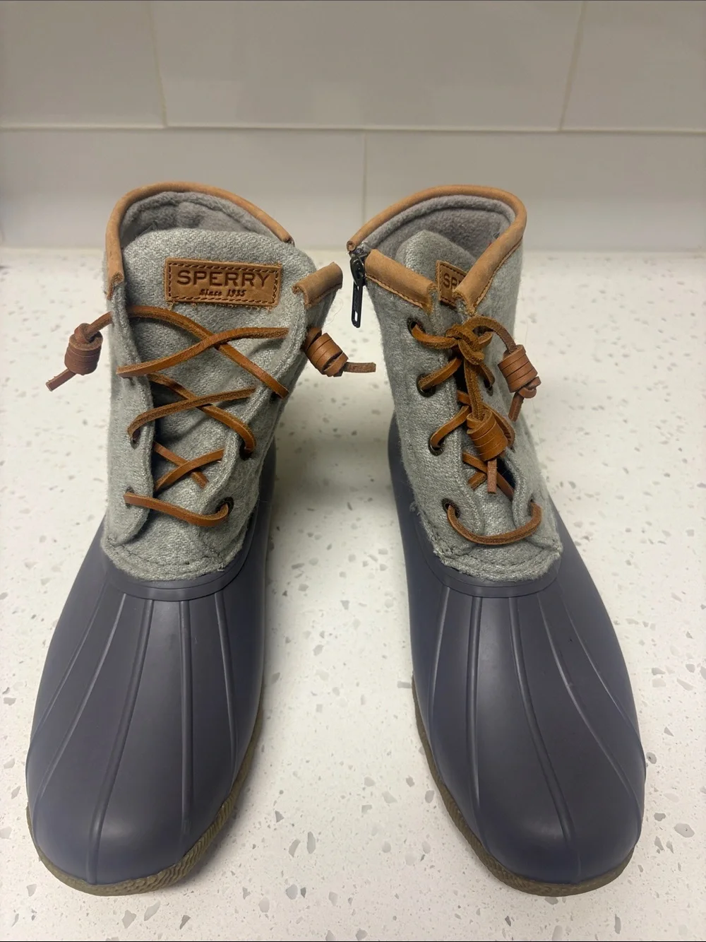 Sperry Gray and Tan Duck-Style Boots